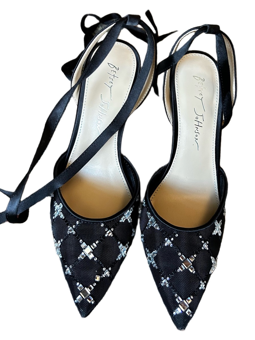 Betsey Johnson Black Embellished Lace-Up Pointed Toe Heel with Teal Accent - Picture 3 of 4